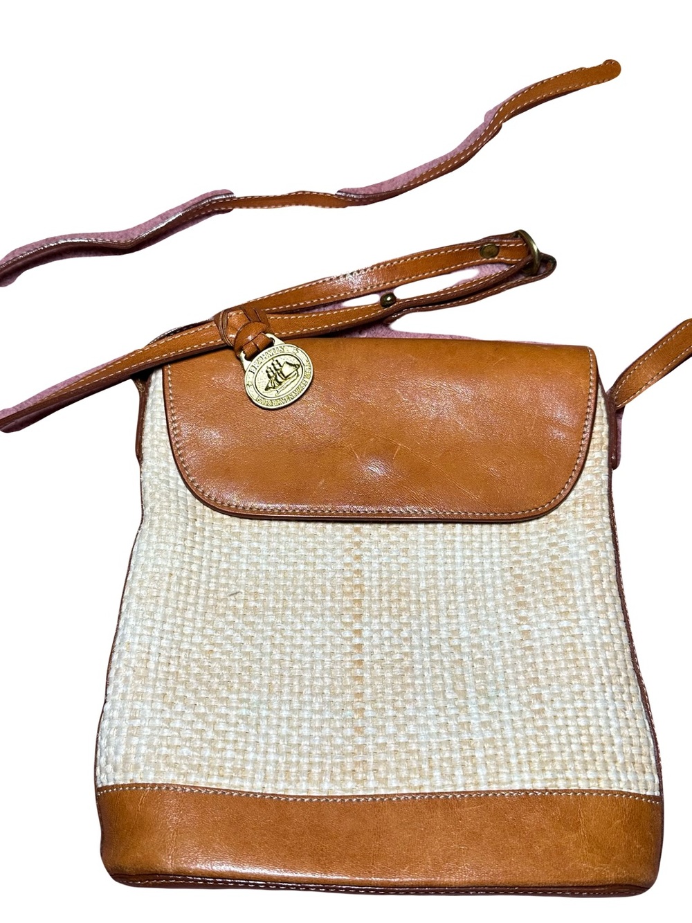 Brahmin Tan Leather & Cream Woven Crossbody with Gold Medallion